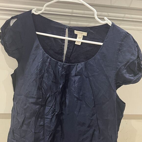 J.CREW Gathered  Pintuck Neck Cap Sleeve Top Navy 12 Silk Cotton Blend Blouse - Picture 2 of 8